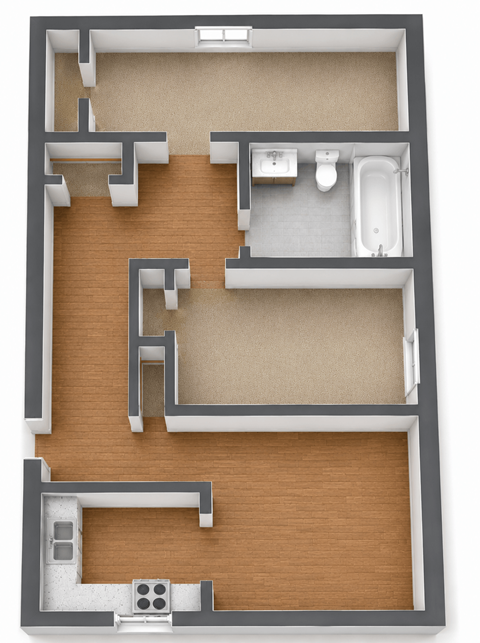 Floor plan for 2 beds, 1 bath, 820 sqft